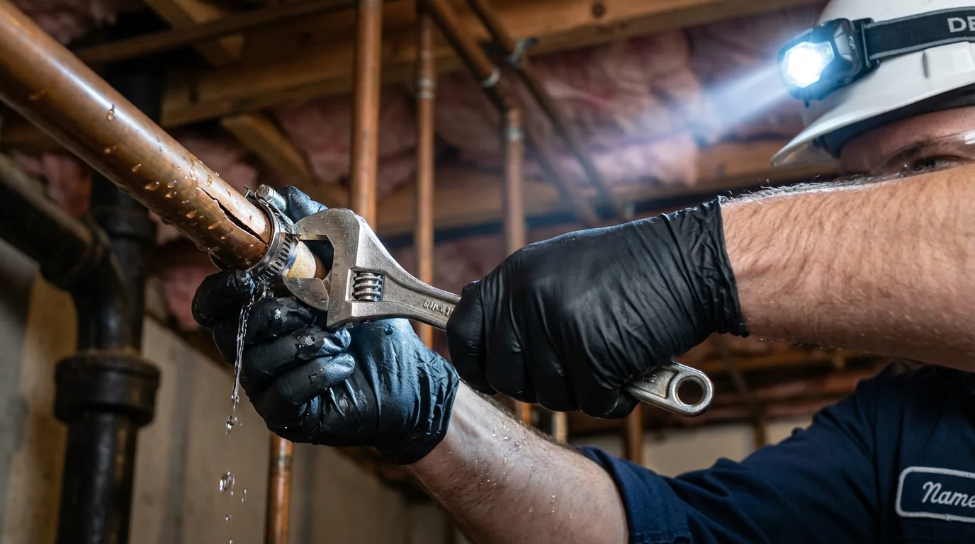 Emergency pipe clamp repair being performed by a Johns Plumbing LLC plumber in Canajoharie