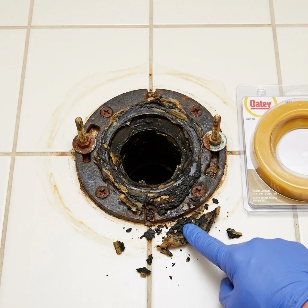 Failed wax ring showing water seepage at the base of a toilet in a Canajoharie, NY home