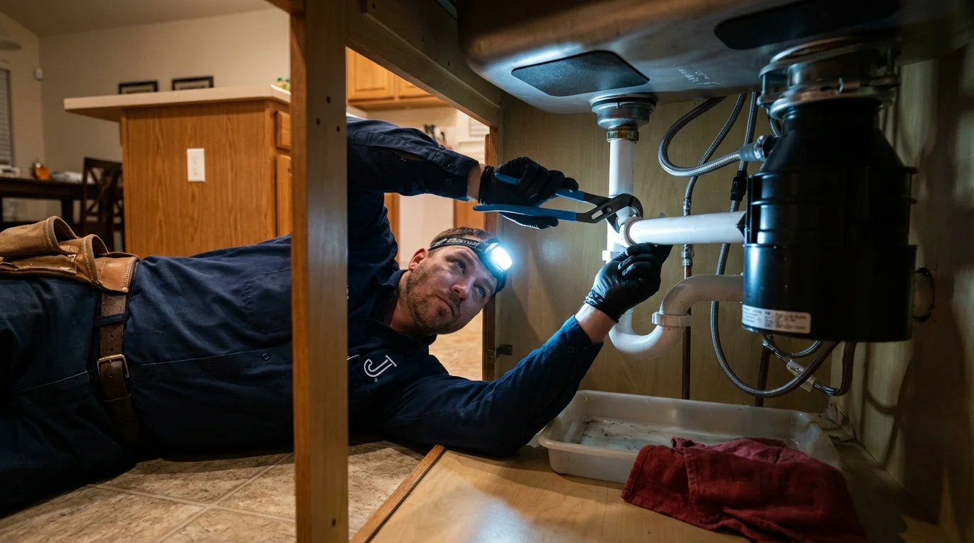 P-trap and supply line connections under a kitchen sink showing a common leak point in Canajoharie, NY